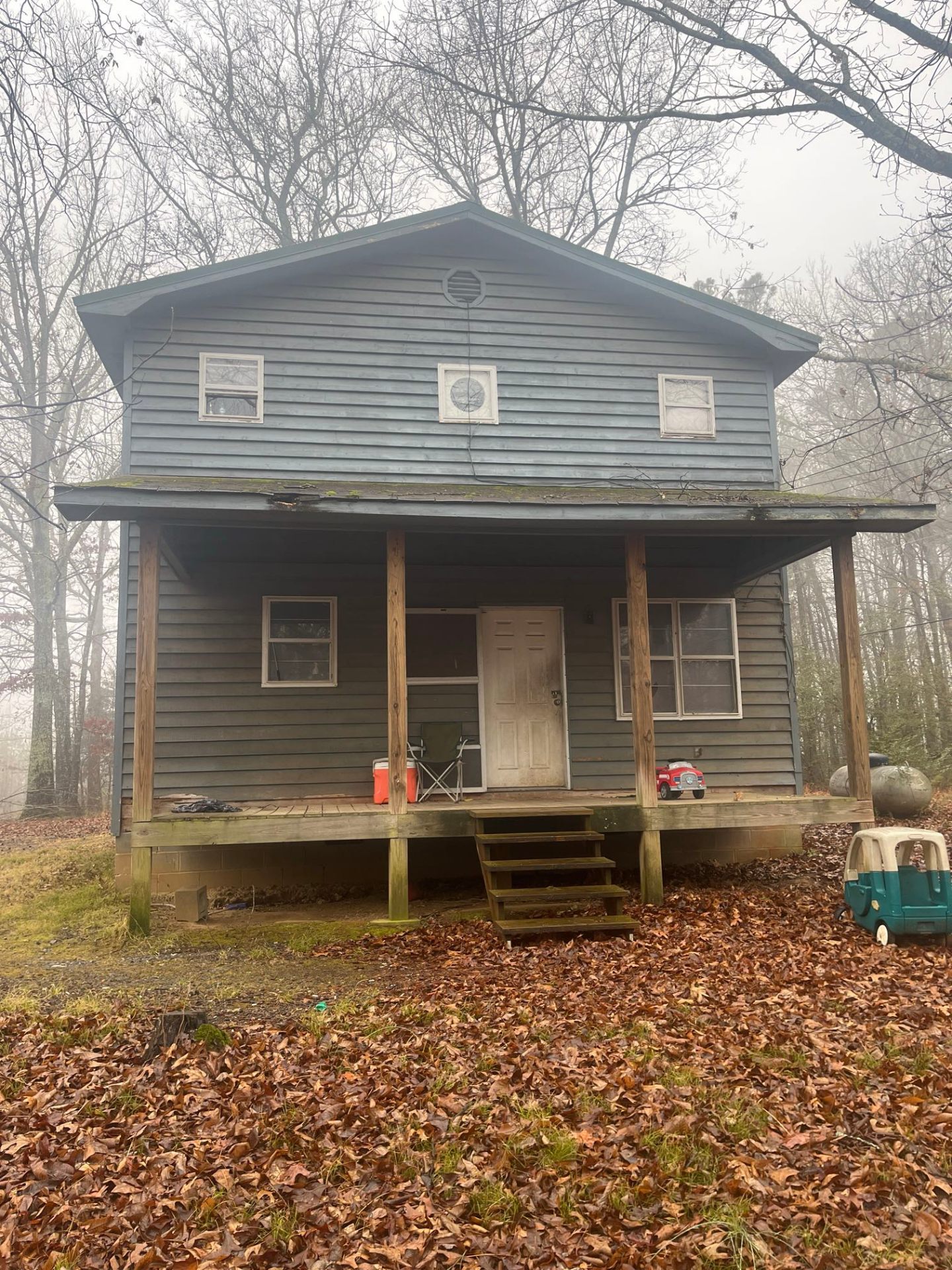 Exterior — paint, roof, porch, and landscape — before