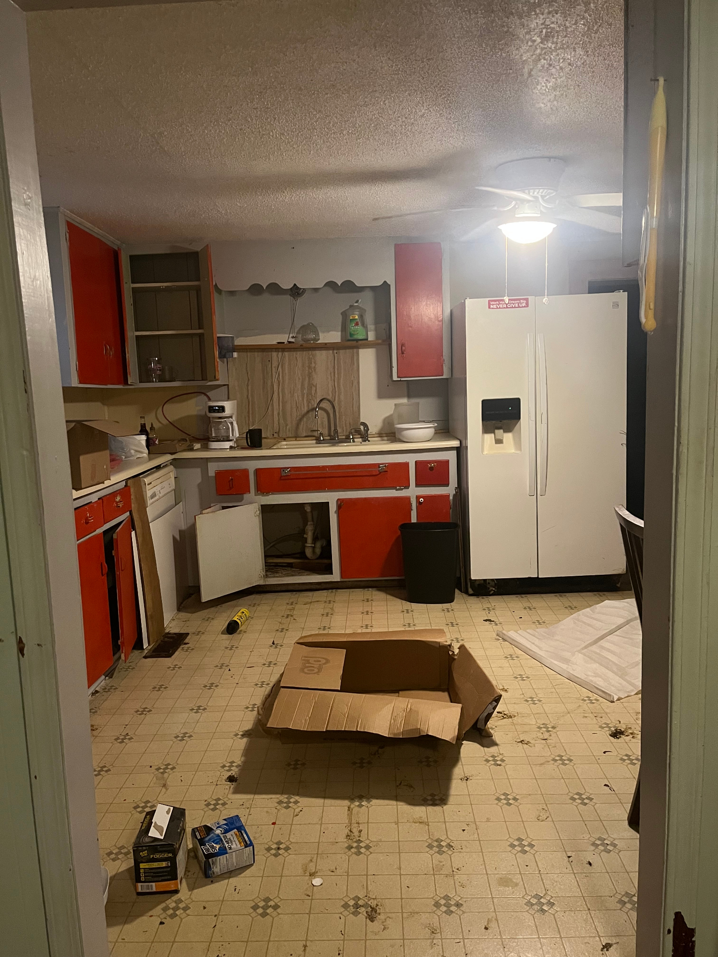 Kitchen — cabinets, counters, appliances, floors — before